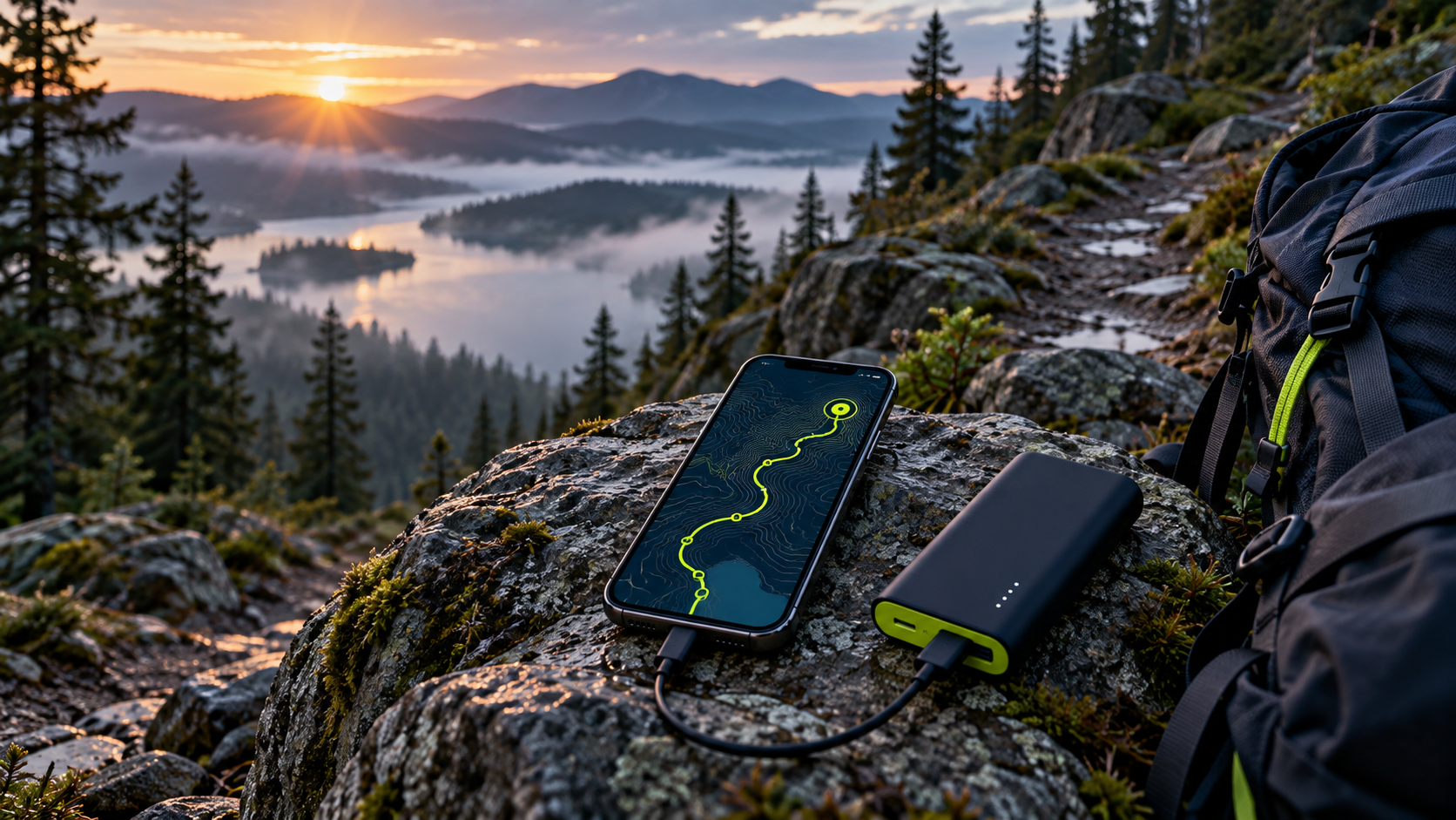 Ilustracja AI: smartfon z mapą i powerbank na szlaku.