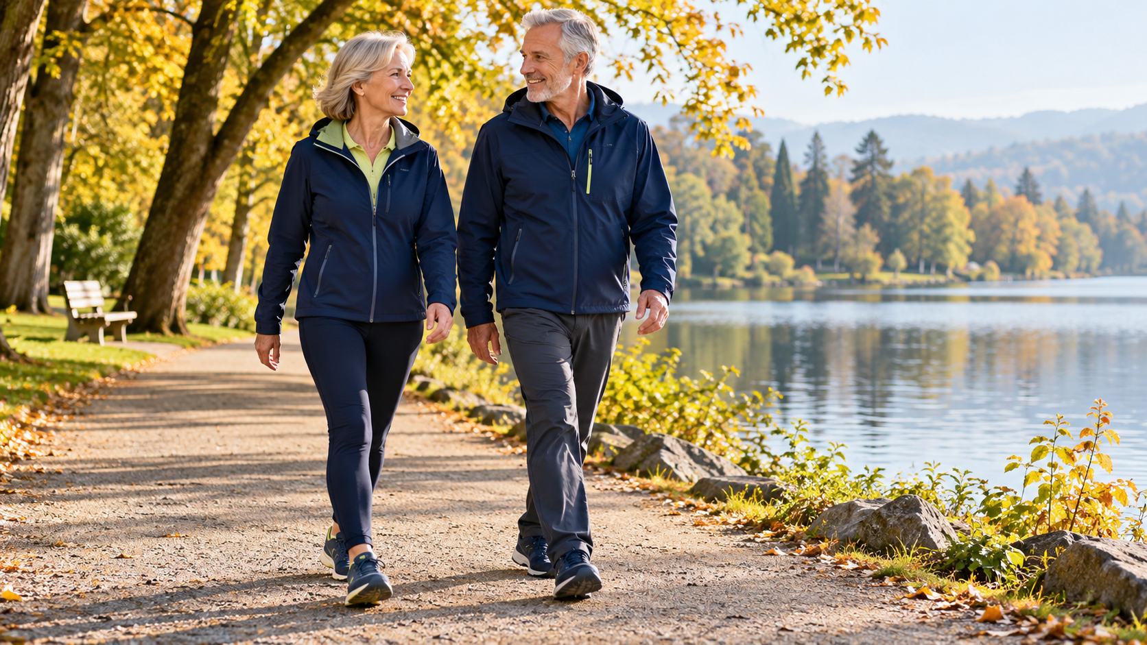 Ilustracja AI: dwoje dorosłych w dojrzałym wieku spaceruje nad jeziorem.